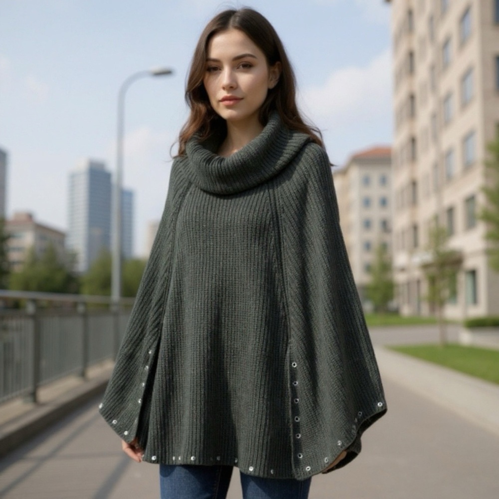Chunky Knit Poncho Sweater – Oversized Draped Cowl Neck Boho Chic Sz M Drk Green